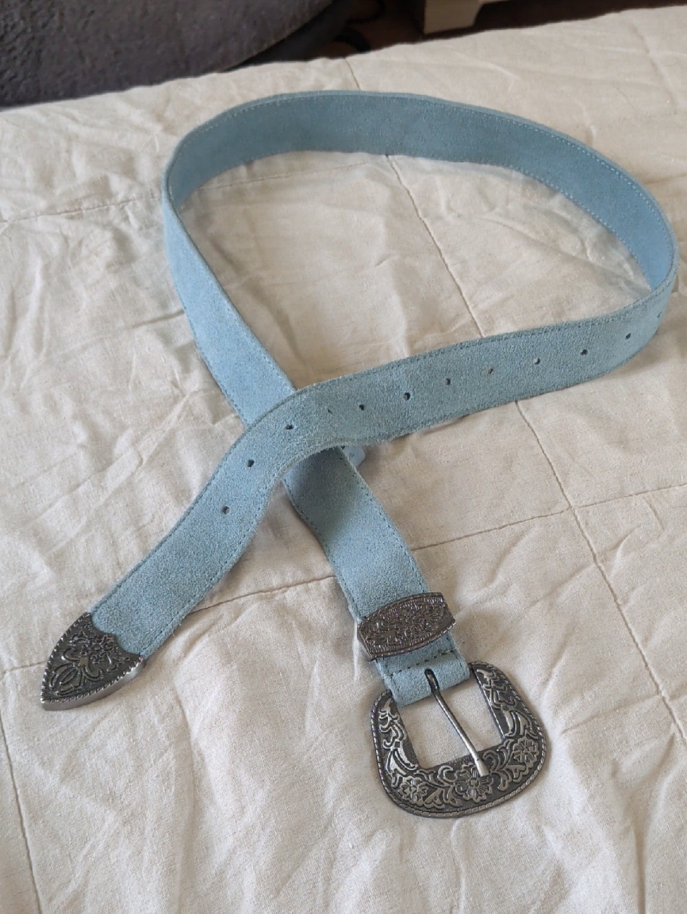 Free People Dusty Blue Suede Belt with Dark Metal Buckle M/L